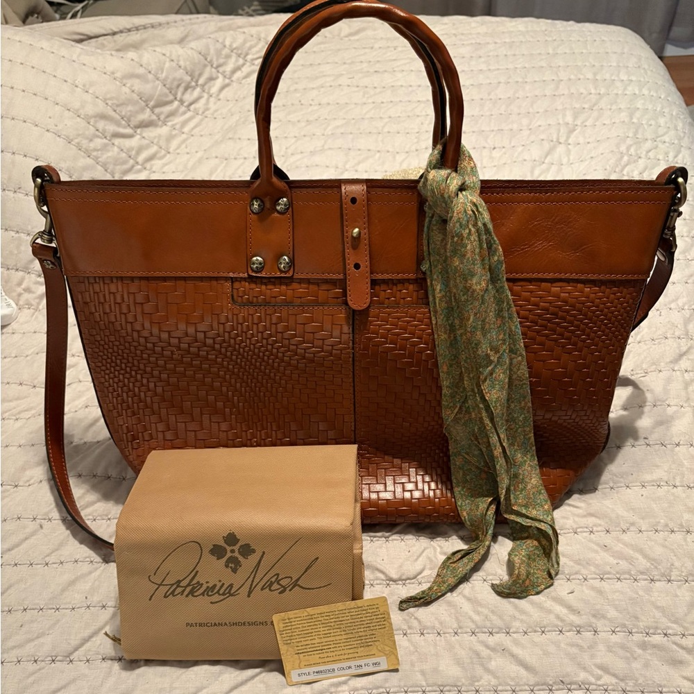 New Patricia Nash Emilion Wavy Leather Woven Embossed Tote Purse with Scarf